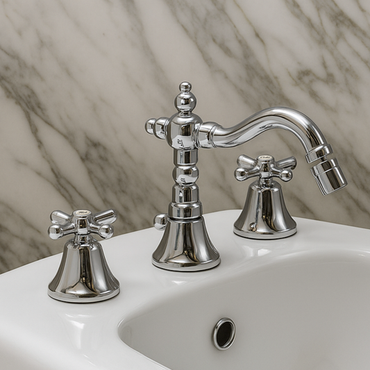 Chrome bathroom faucet set on a marble background