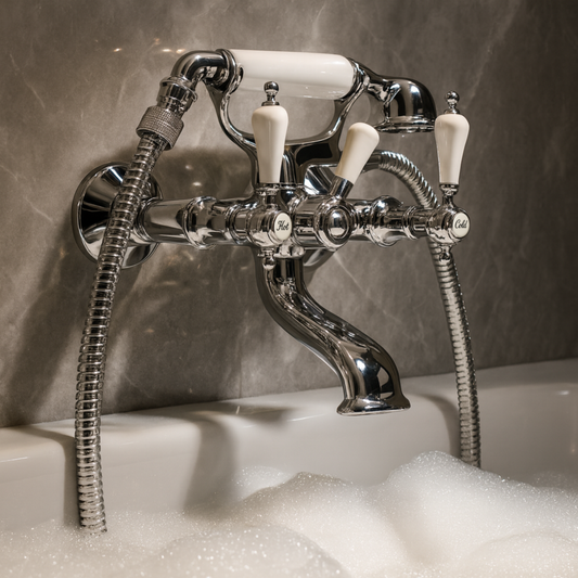 Chrome bathtub faucet with three handles in a bathroom setting
