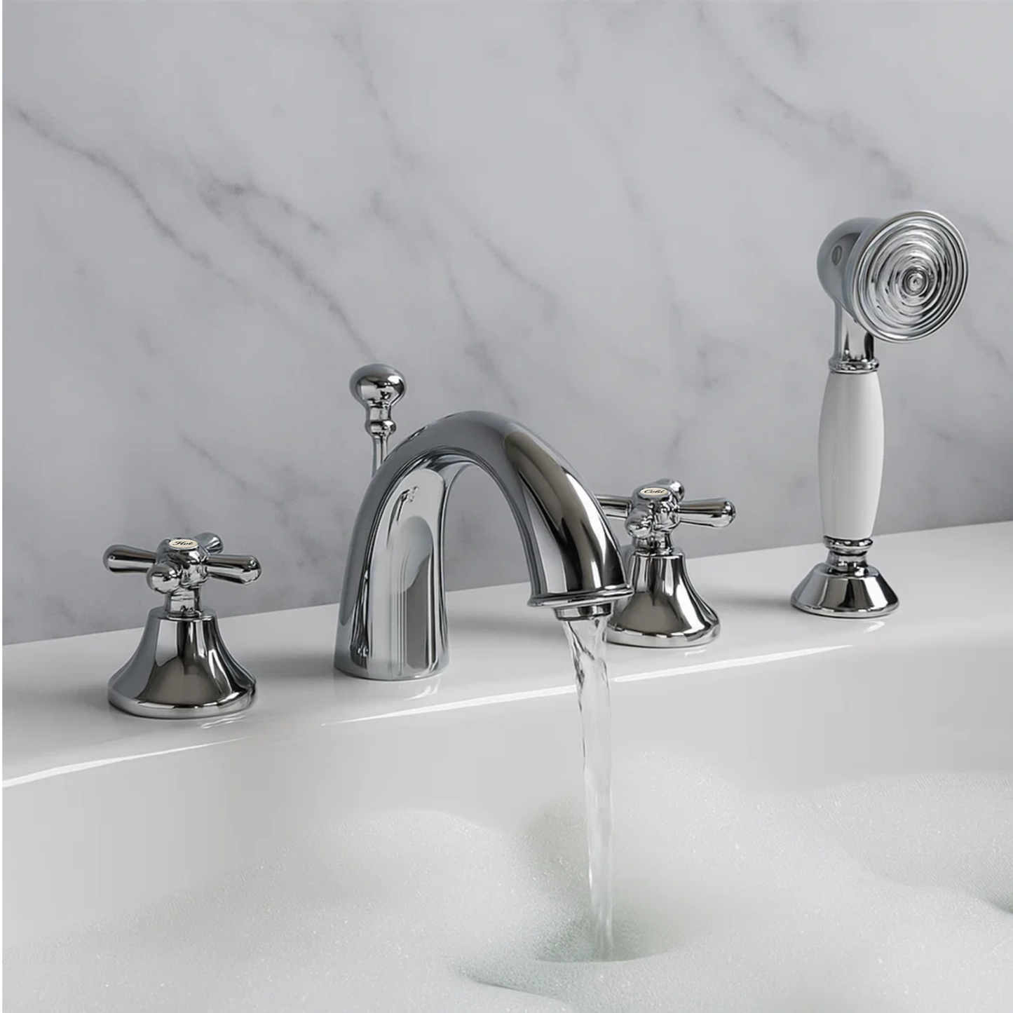 Chrome bathroom faucet set with a marble background
