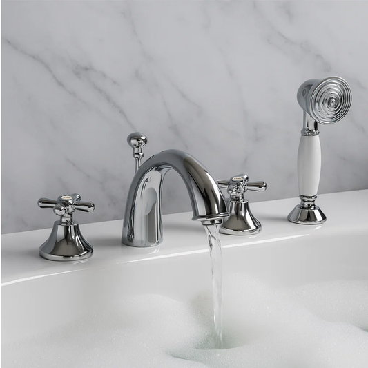 Chrome bathroom faucet set with a marble background