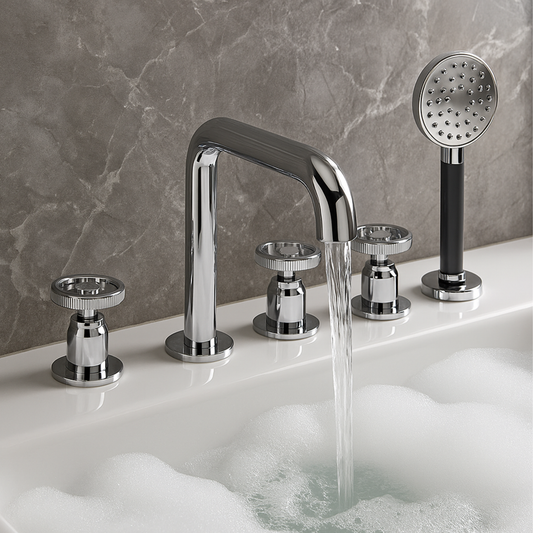 Chrome bathtub faucet set with handheld shower head on a tiled wall background