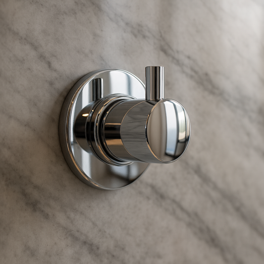 Chrome wall-mounted valve on a marble wall