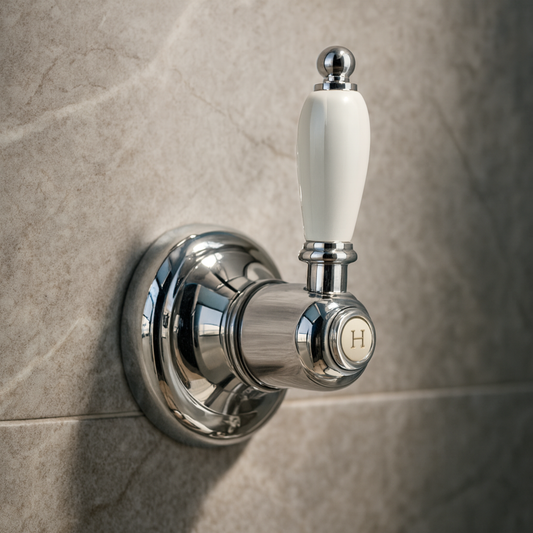 Chrome bathroom valve with white ceramic handle on a tiled wall