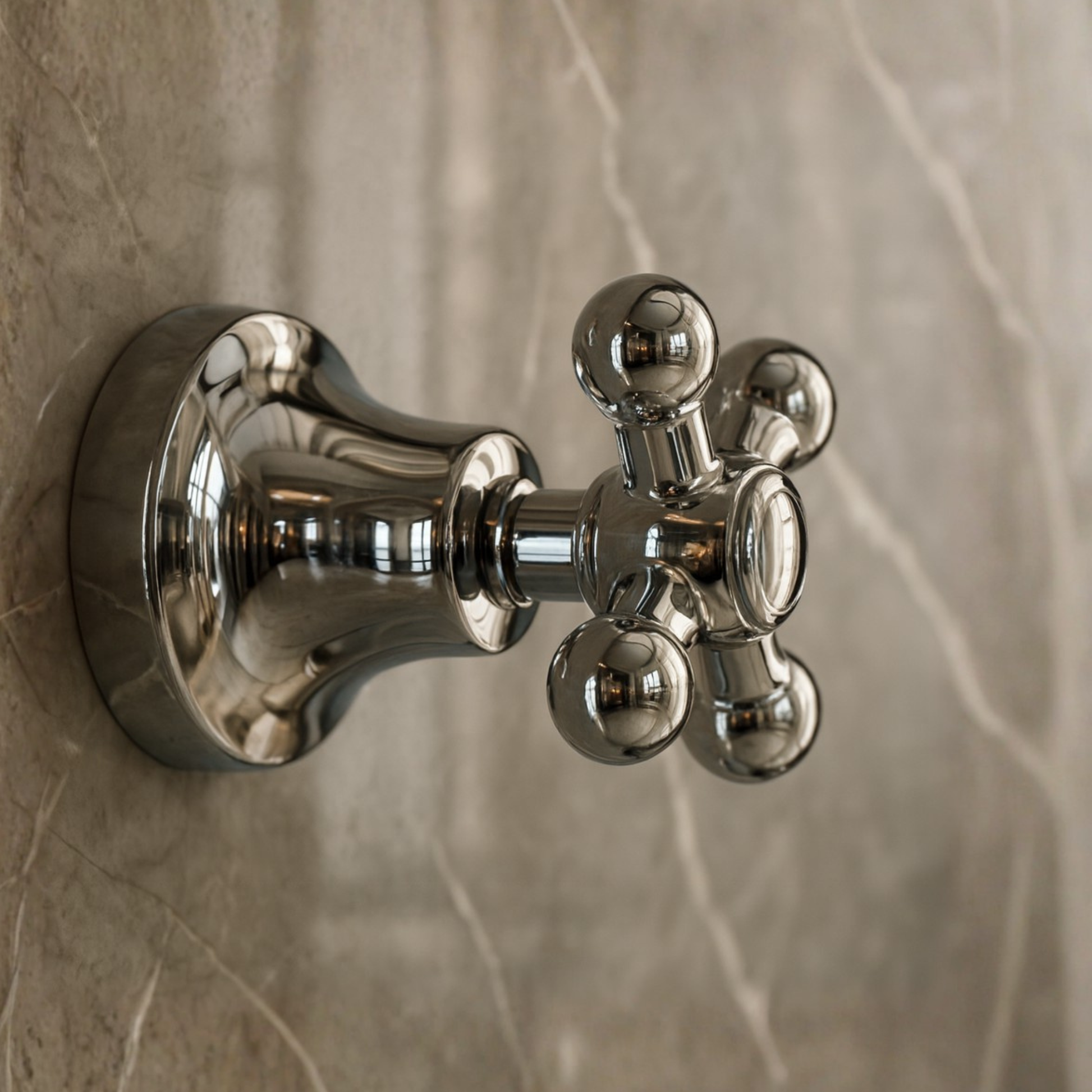 Chrome door handle on a textured wall
