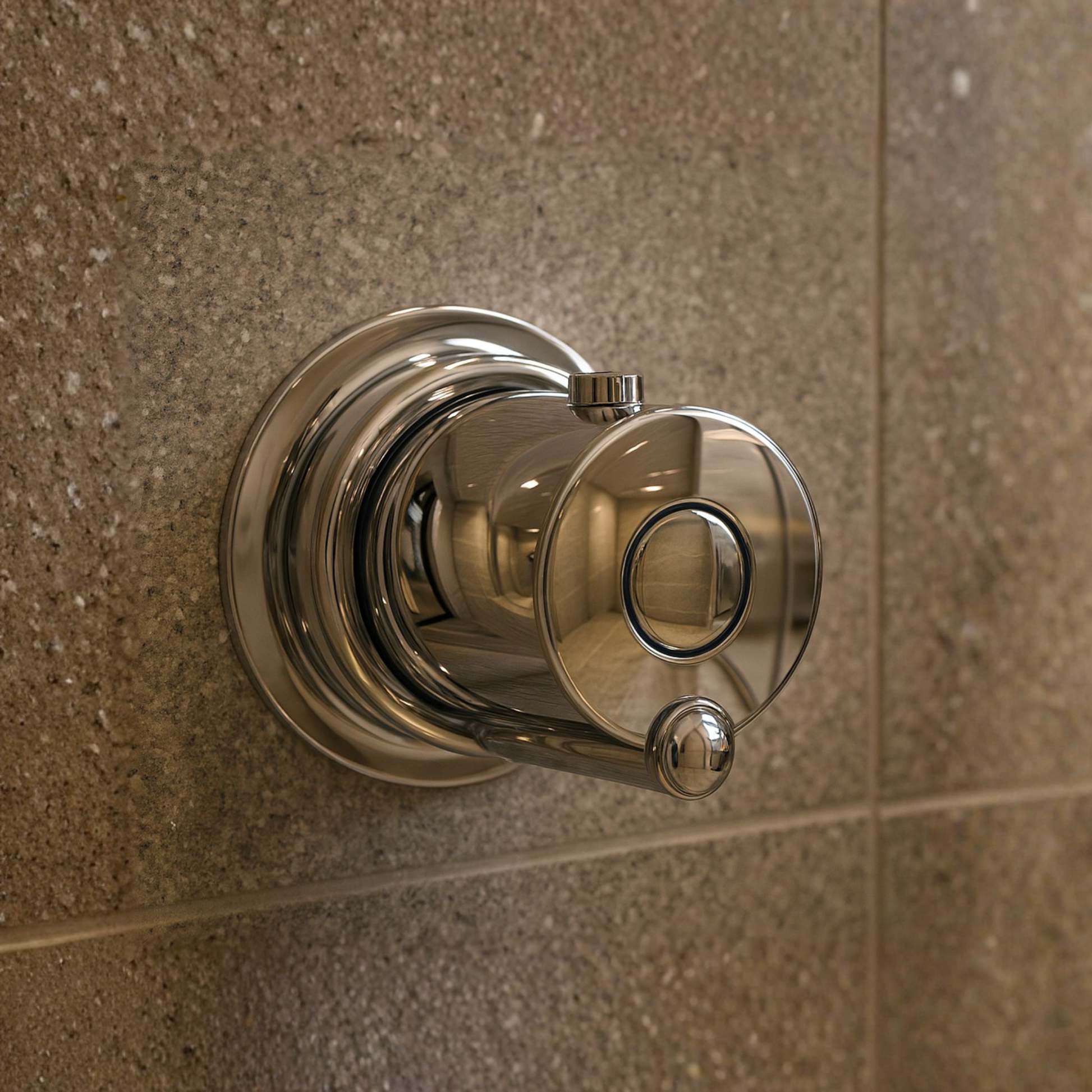 Chrome bathroom fixture on a tiled wall
