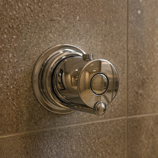 Chrome bathroom fixture on a tiled wall