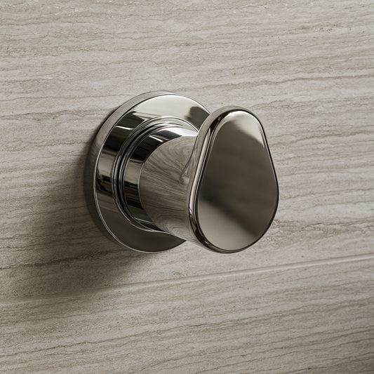 Chrome door handle on a wooden door