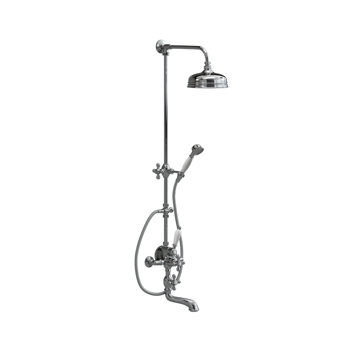 Wall-mounted exposed thermostatic shower head with handheld shower and temperature control valve, finished in silver.