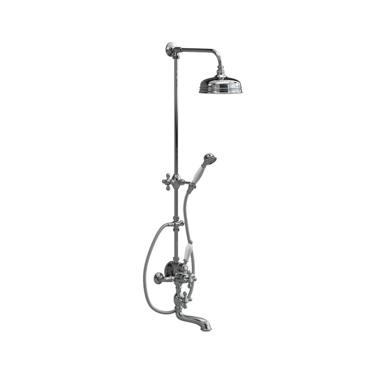 Wall-mounted exposed thermostatic shower head with handheld shower and temperature control valve, finished in silver.