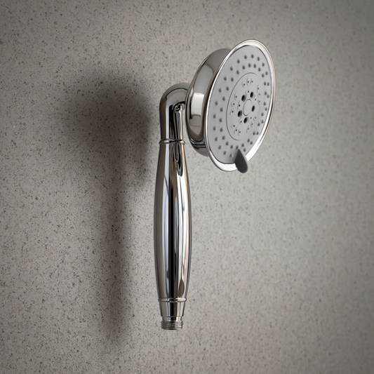 Chrome shower head and handle on a textured gray wall