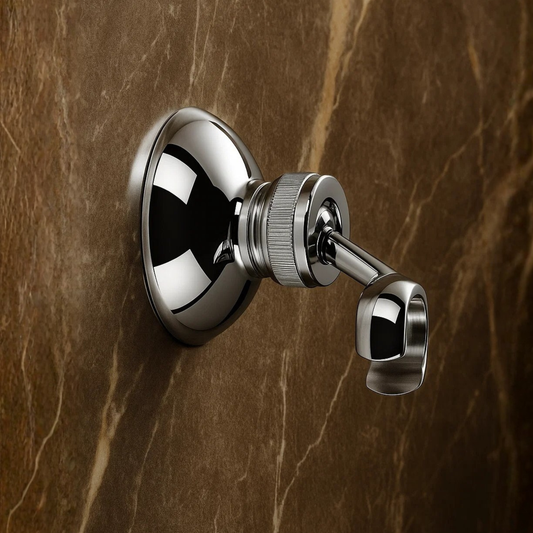 Chrome door handle on a brown marble background
