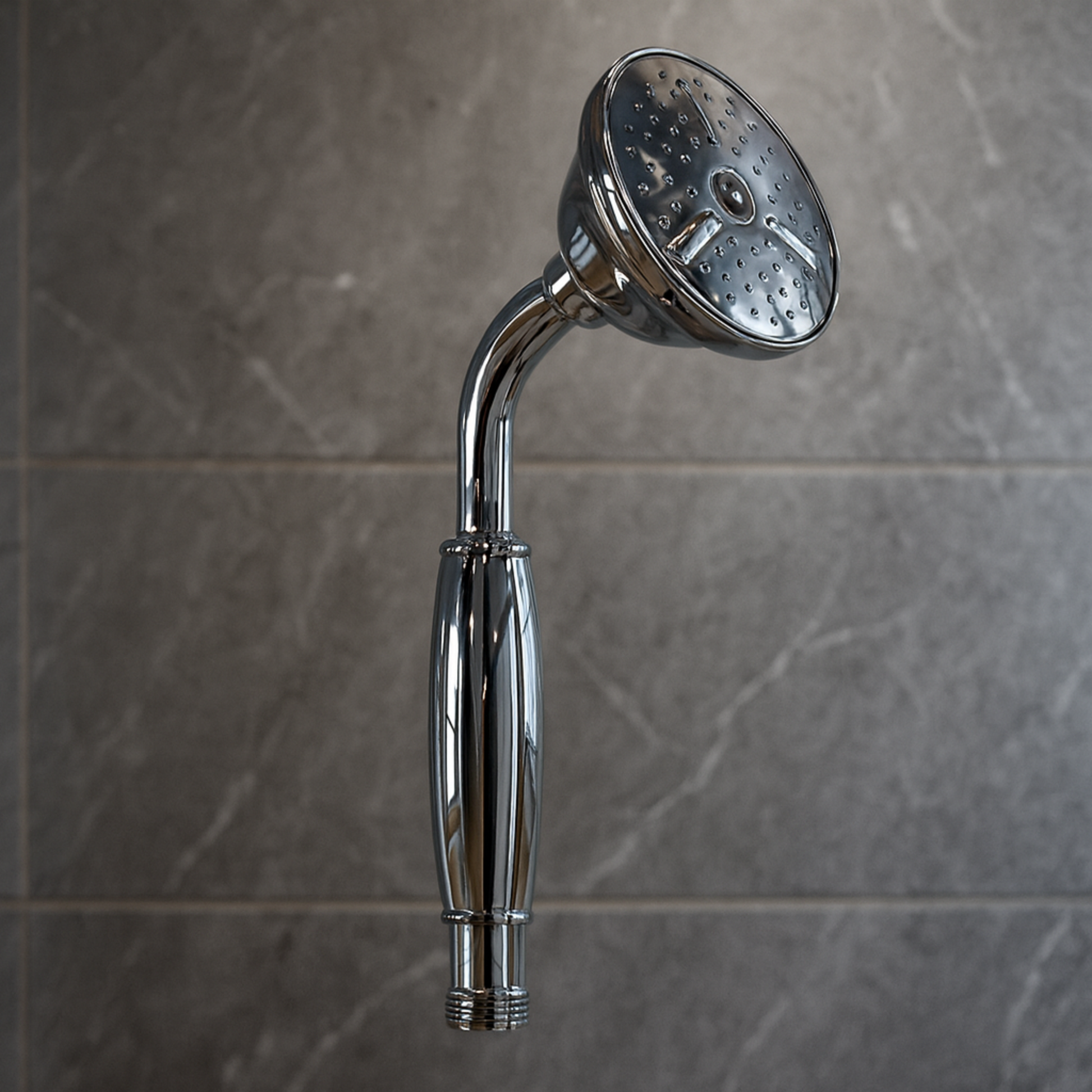 Chrome shower head against a tiled bathroom wall