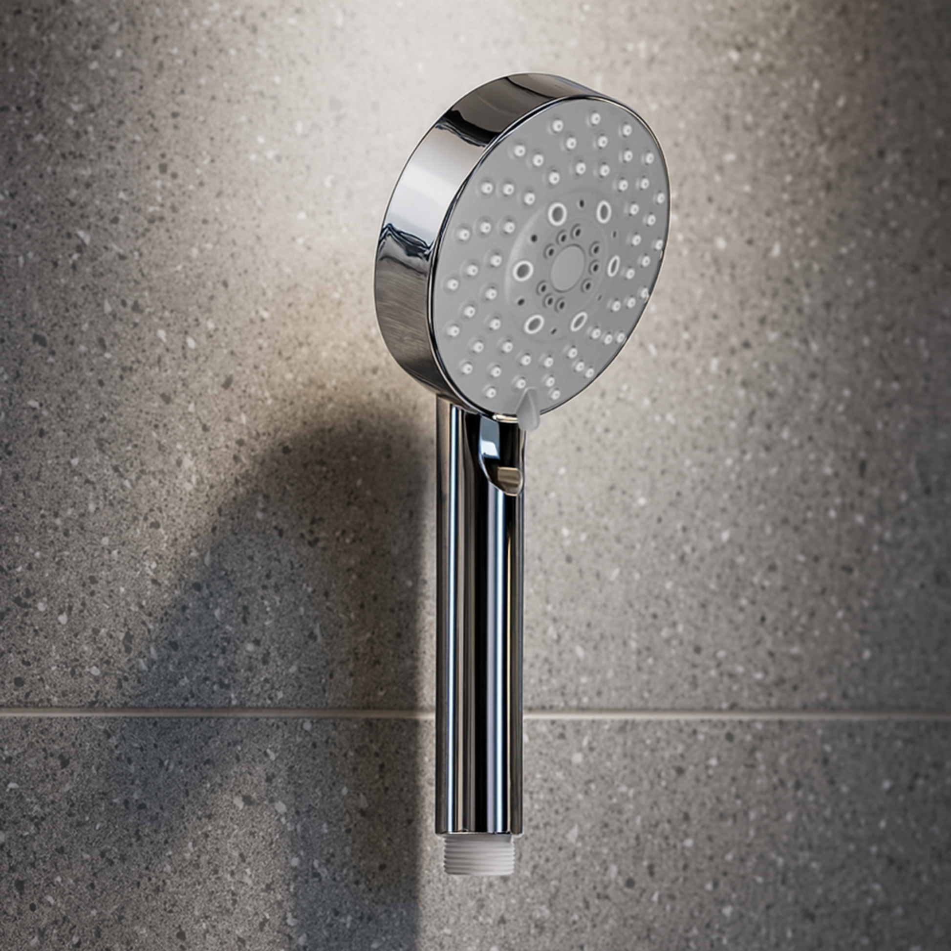 Chrome shower head mounted on a tiled wall