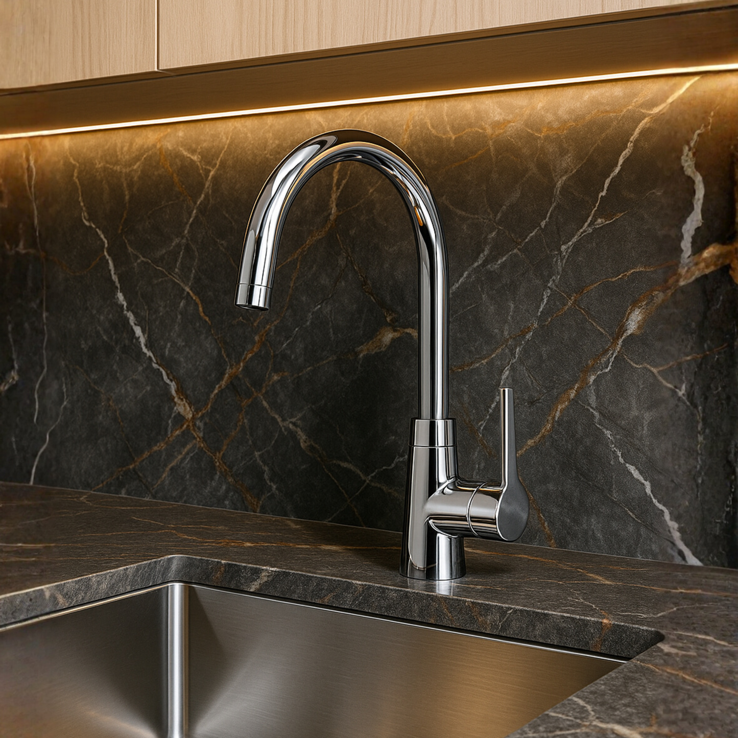 Modern kitchen faucet on a marble backsplash and countertop