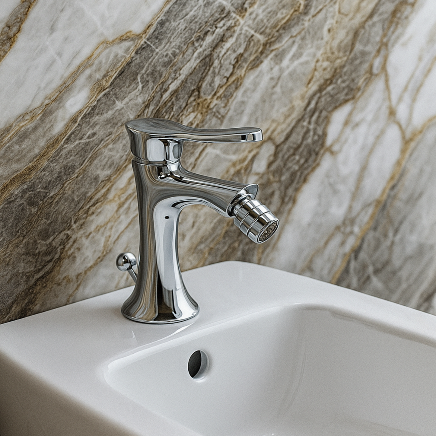 Chrome faucet on a white sink with a marble wall background