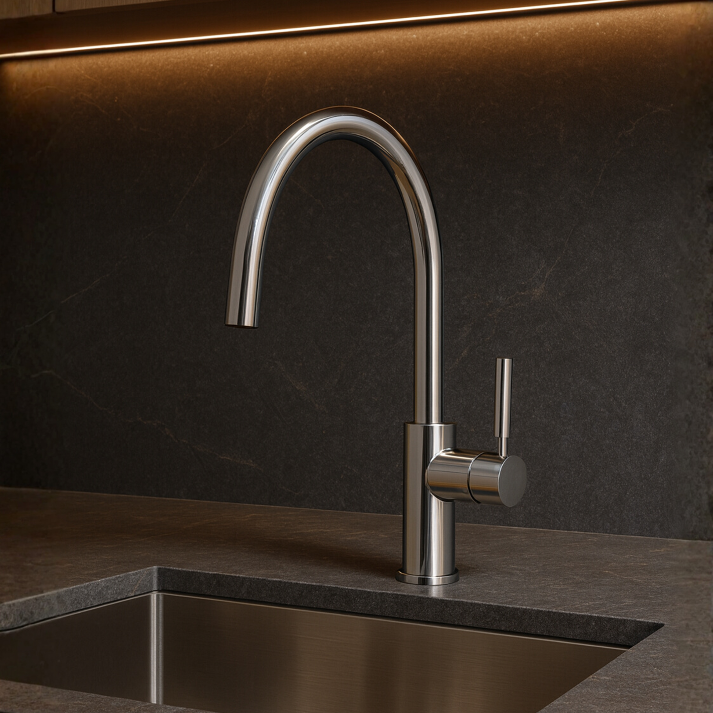 Modern kitchen faucet on a dark countertop with a dark backsplash