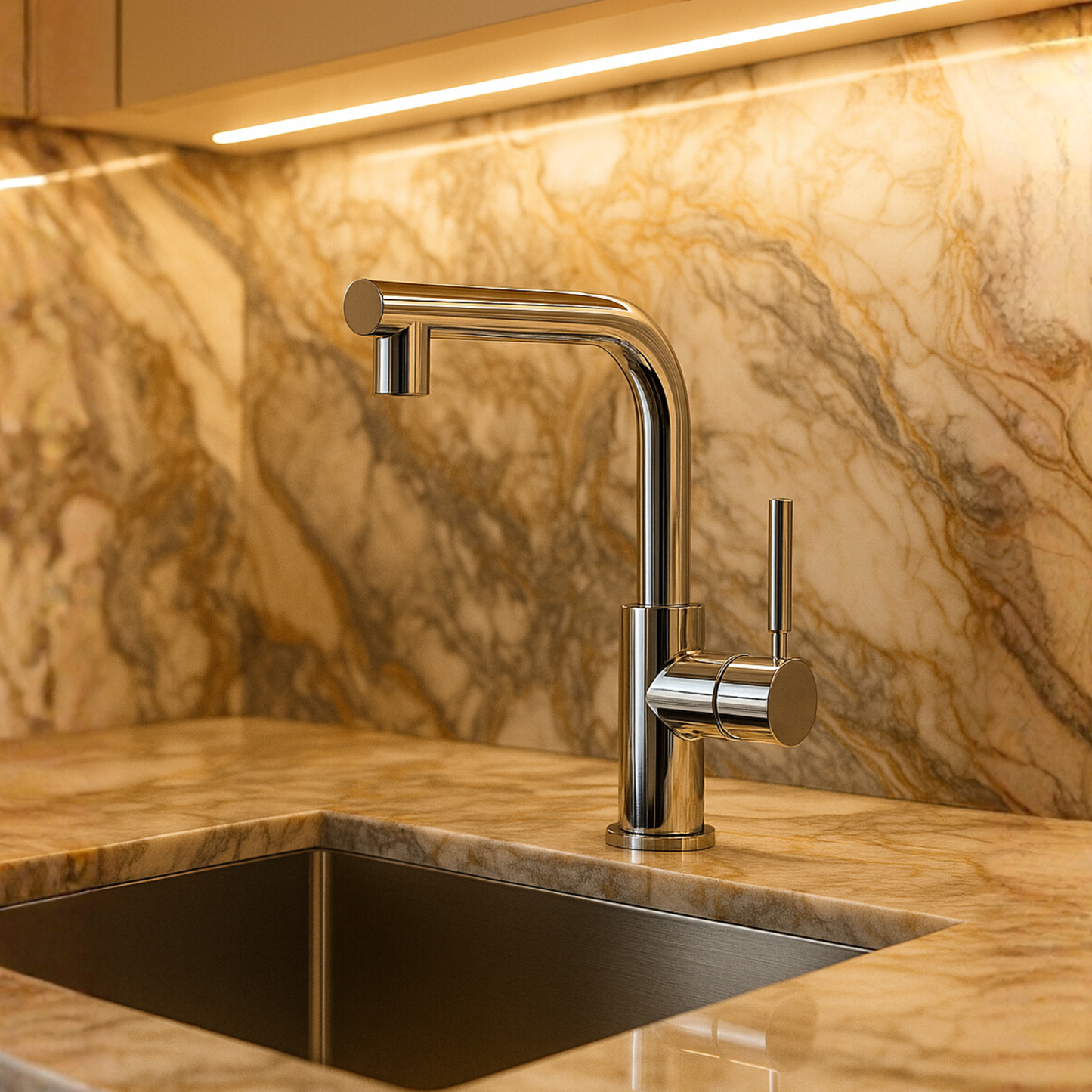 Modern kitchen faucet on a marble countertop with a marble backsplash.