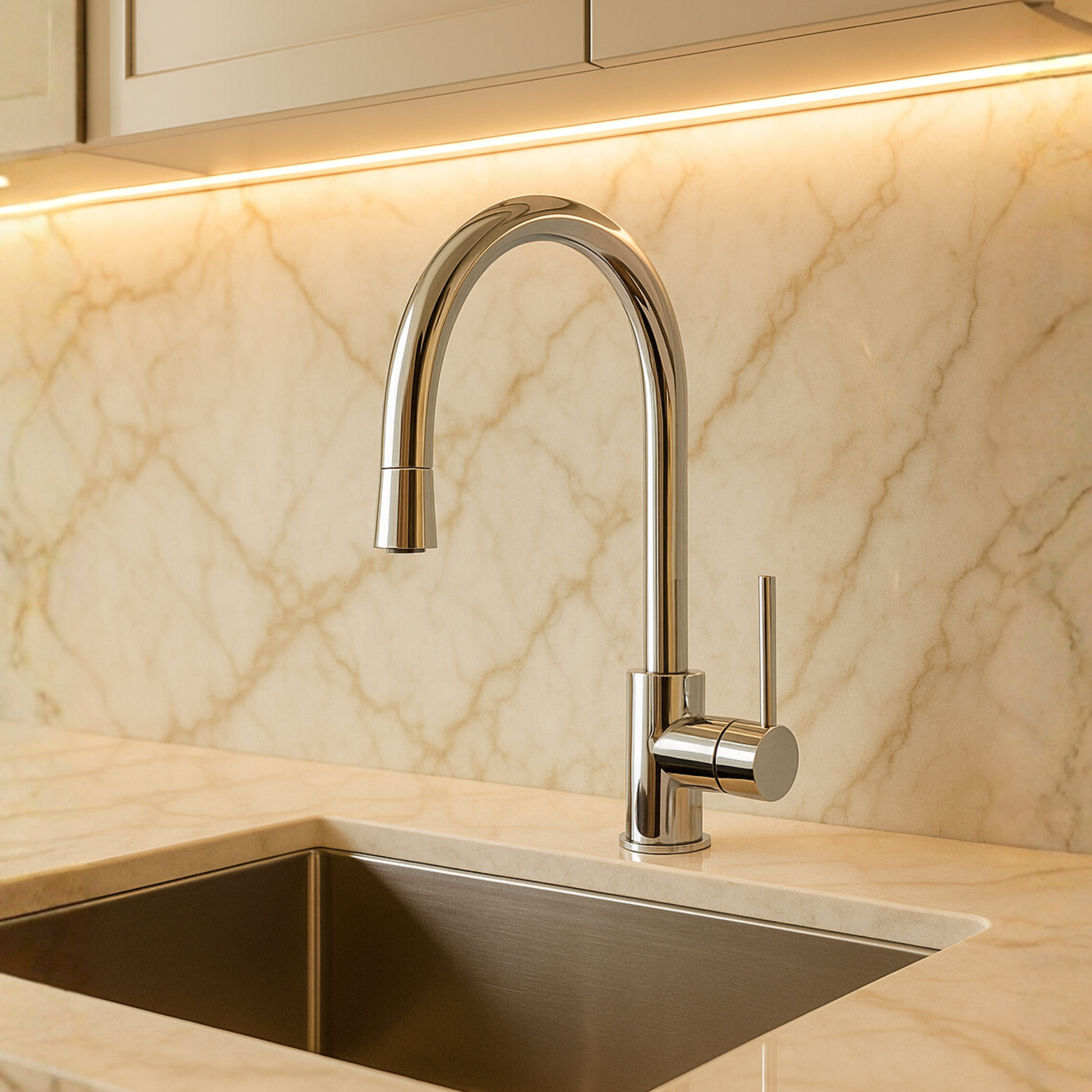 Modern kitchen faucet with marble backsplash