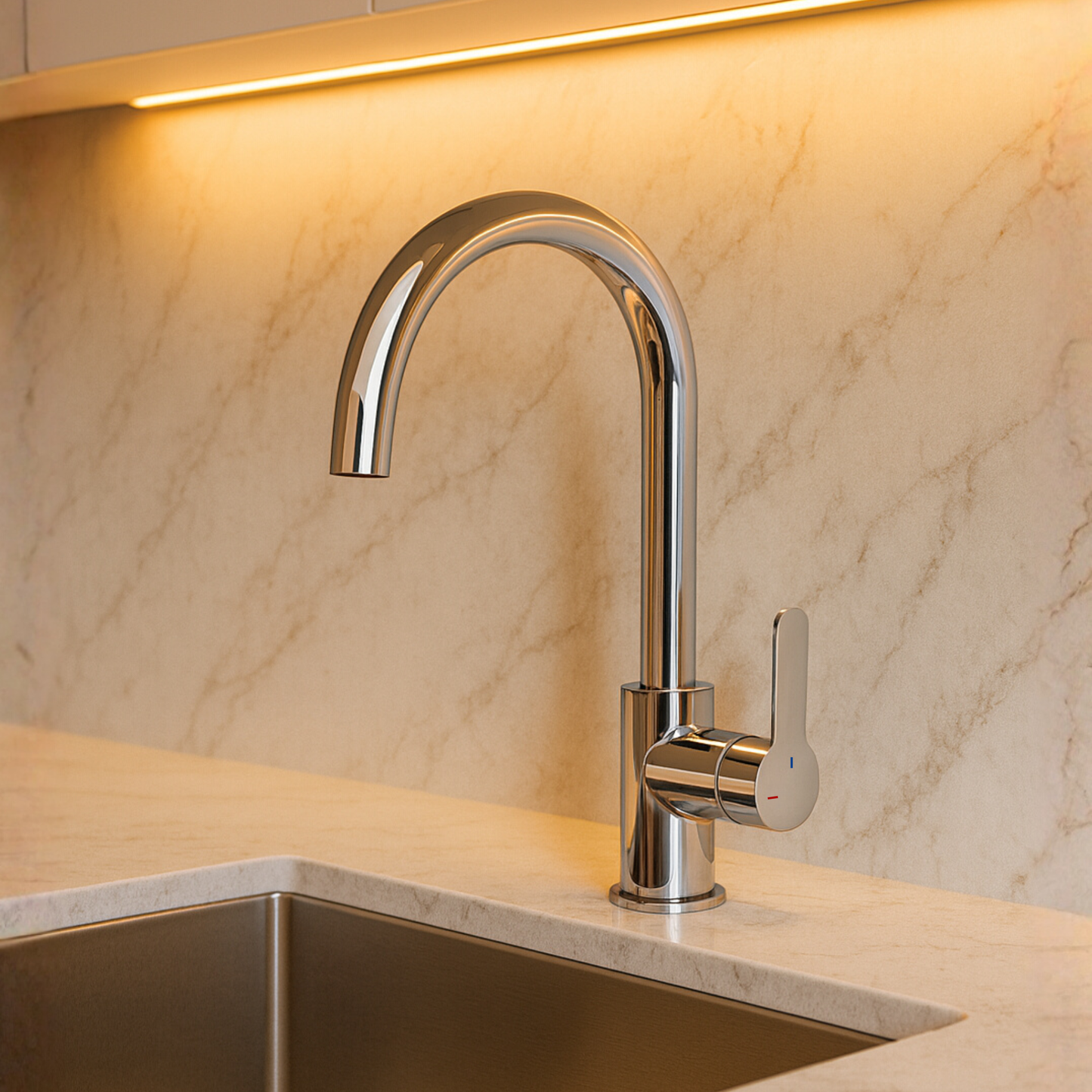 Modern kitchen faucet on a marble backsplash