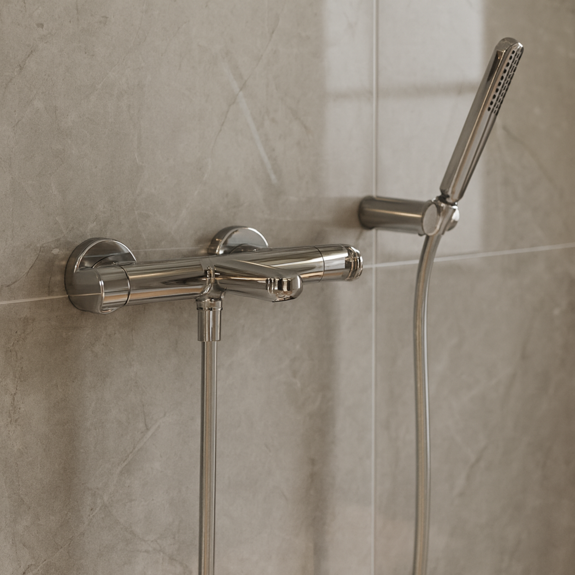 Chrome shower fixture with handheld shower head on a tiled wall