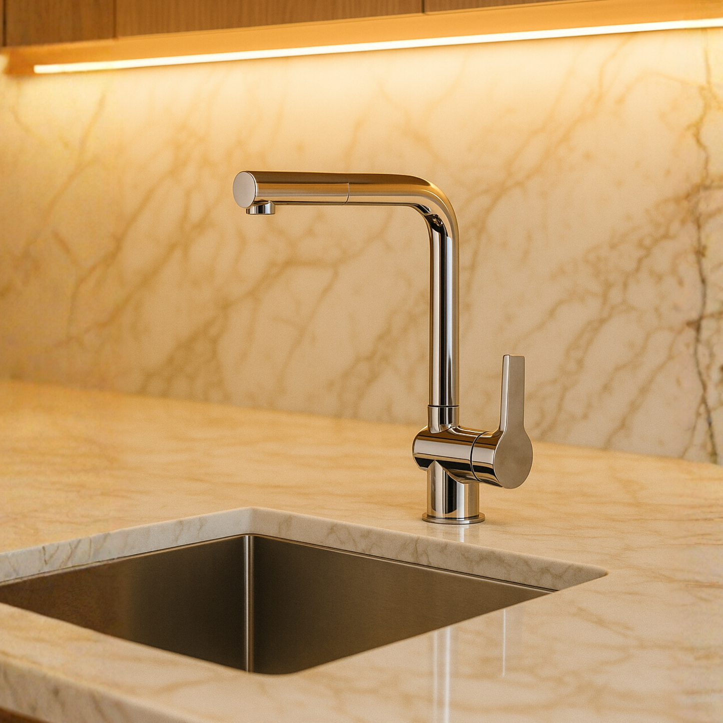 Modern kitchen sink with chrome faucet against a marble backsplash