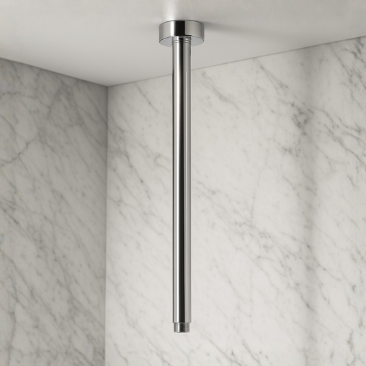 Chrome shower head on a marble wall background