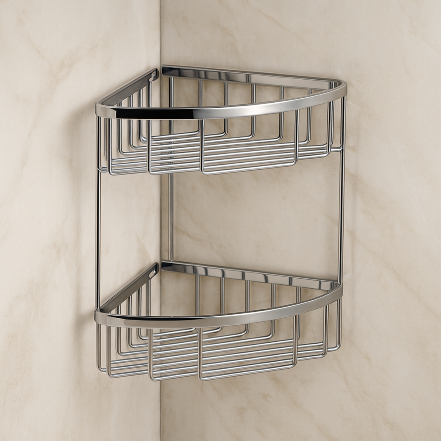 Chrome corner shower basket on a beige tiled wall