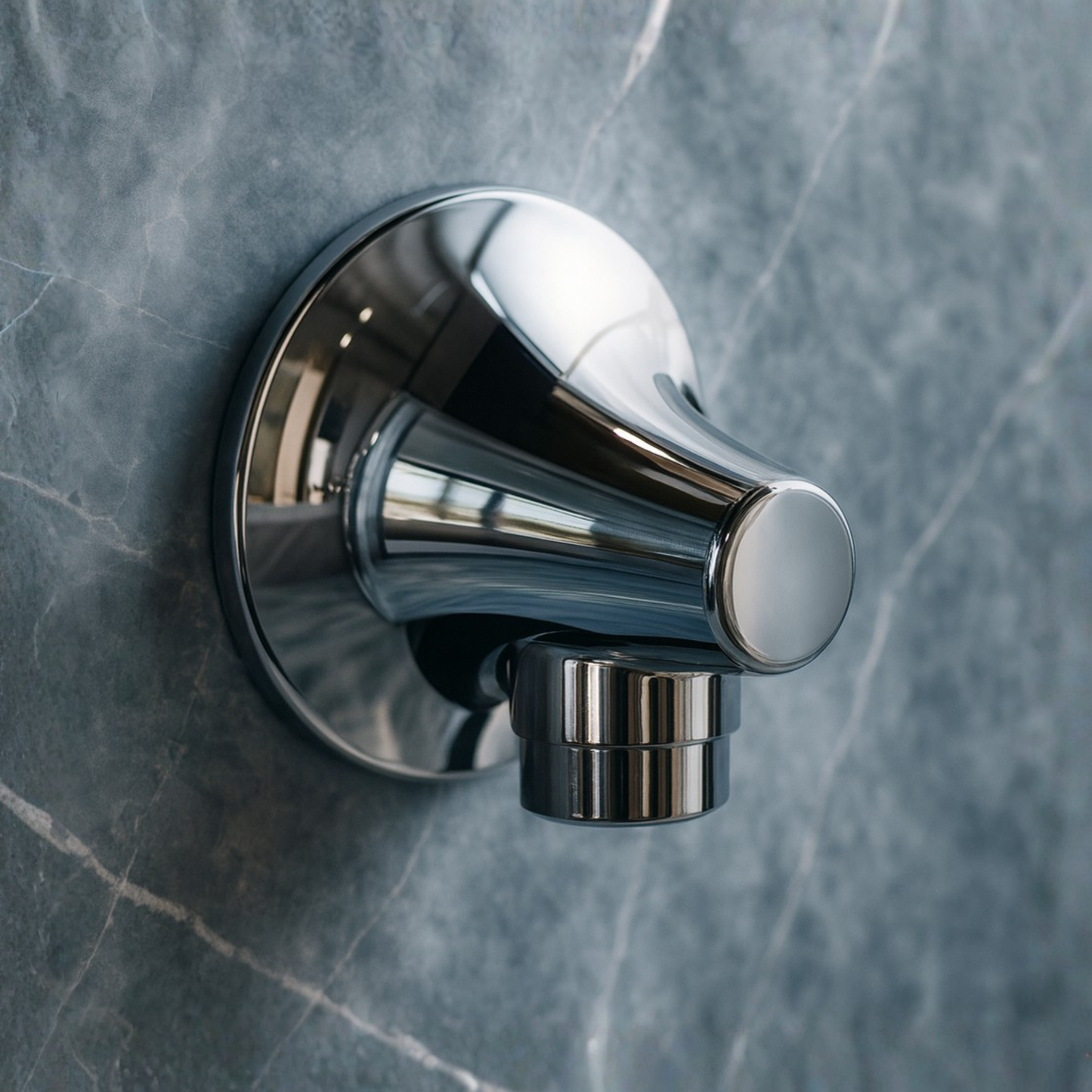 Chrome wall-mounted valve on a gray marble wall