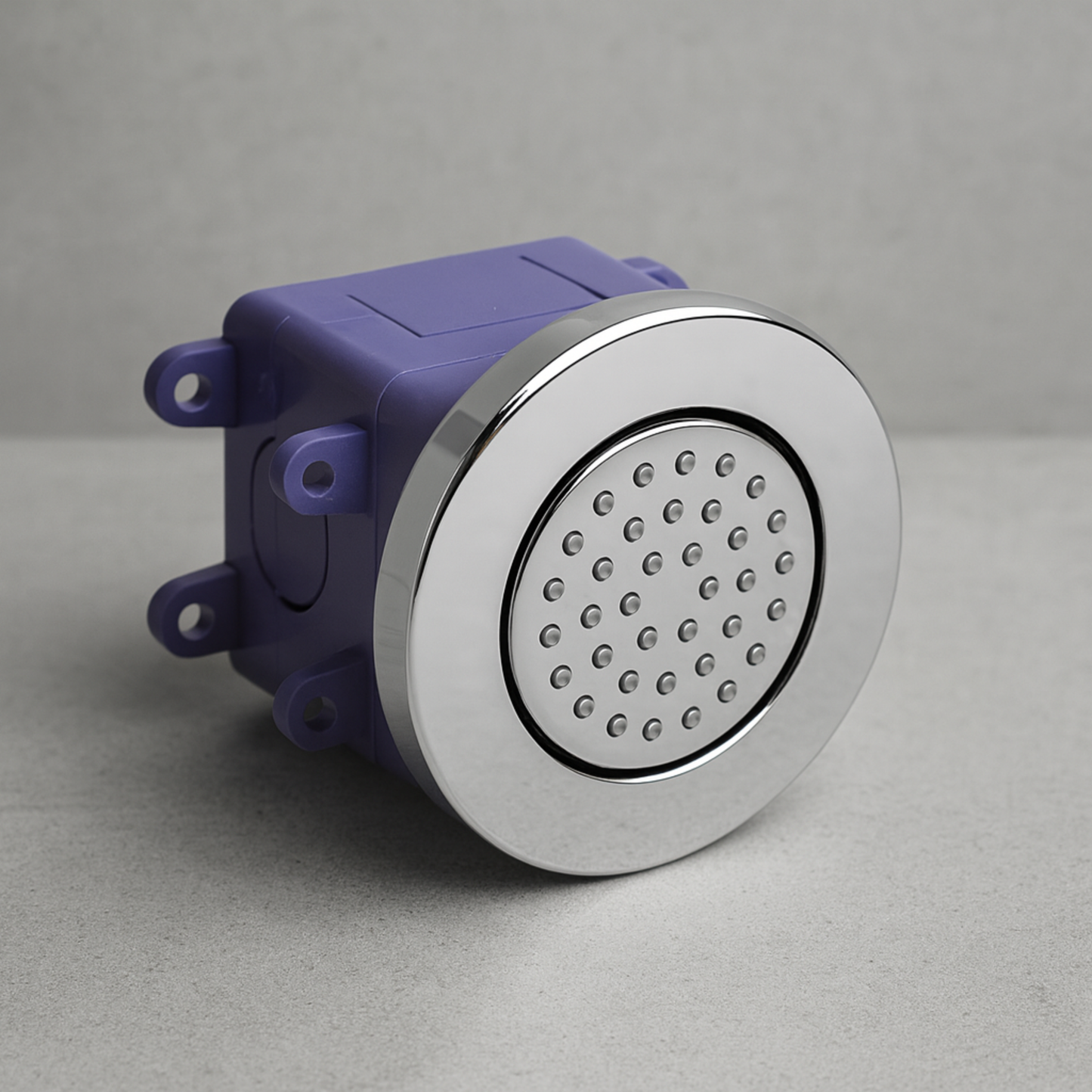 Metallic shower head with purple housing on a gray background