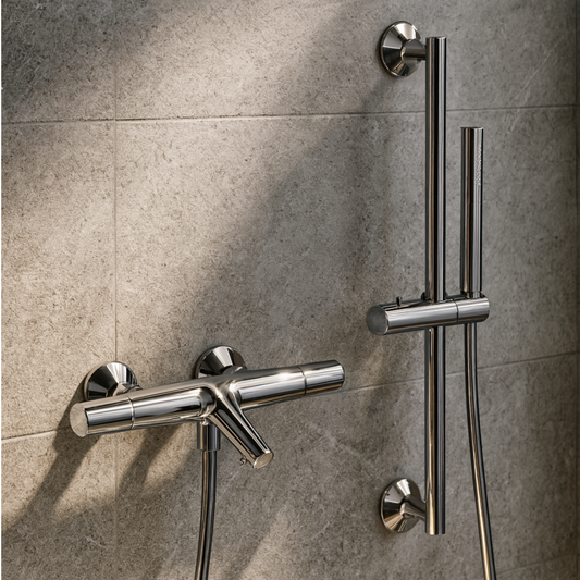 Chrome shower control panel mounted on a tiled wall