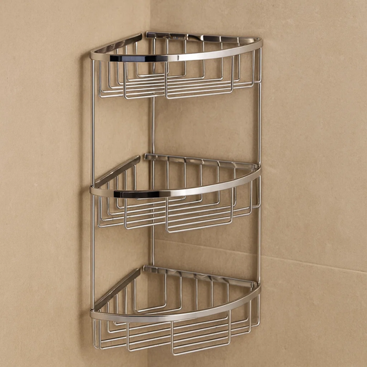 Corner shower caddy with three tiers on a beige tiled wall