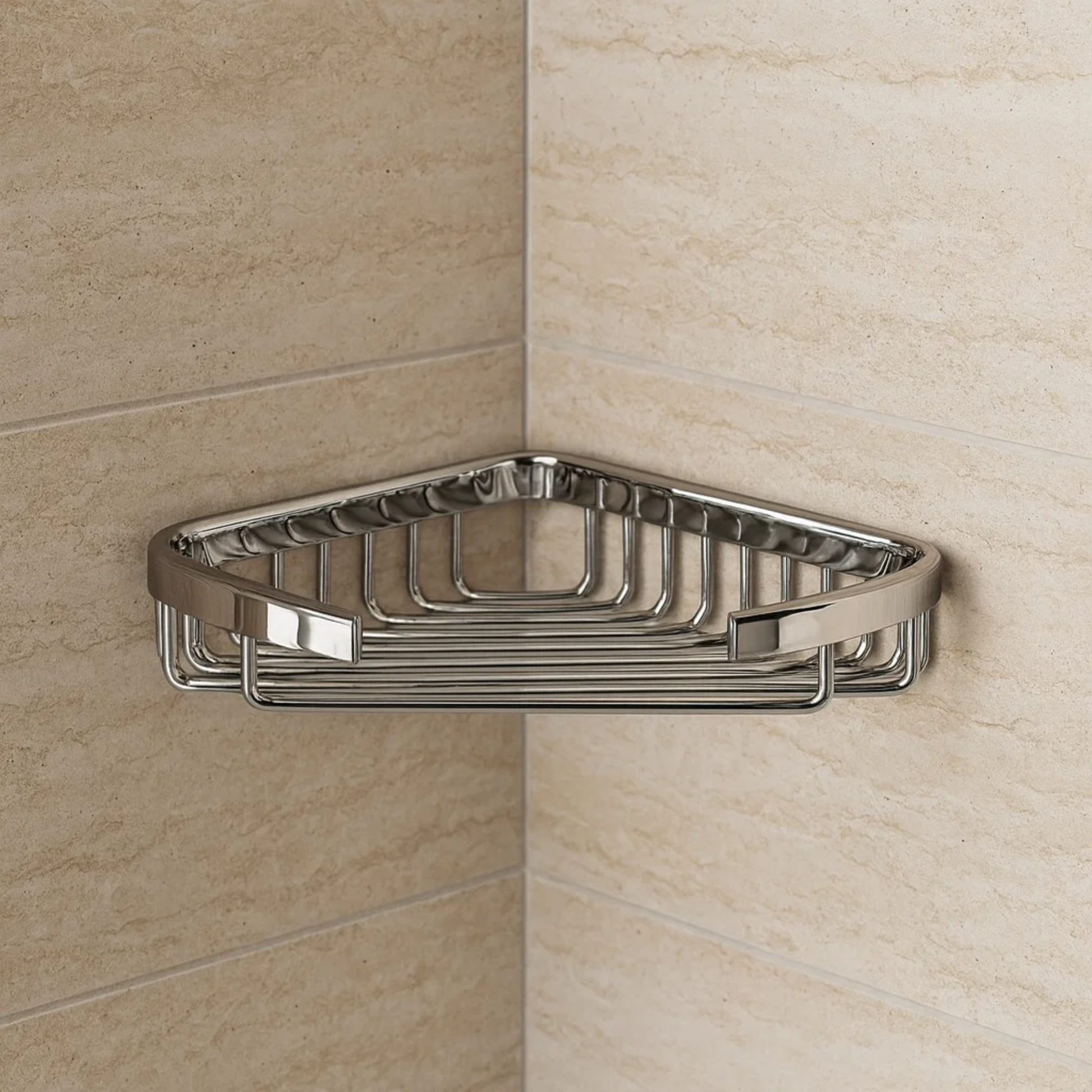 Corner shower caddy on a tiled wall