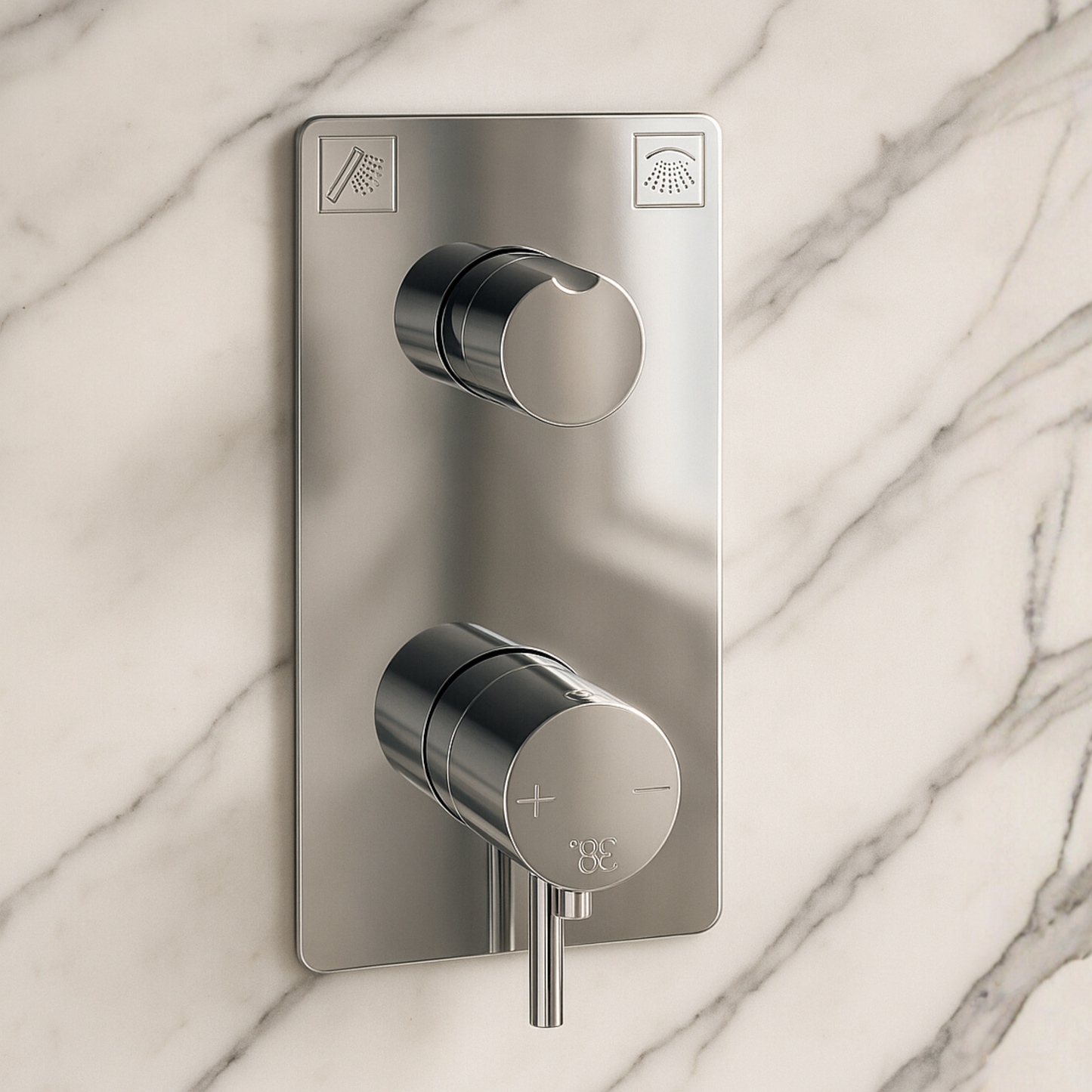 Chrome shower control panel on a marble wall