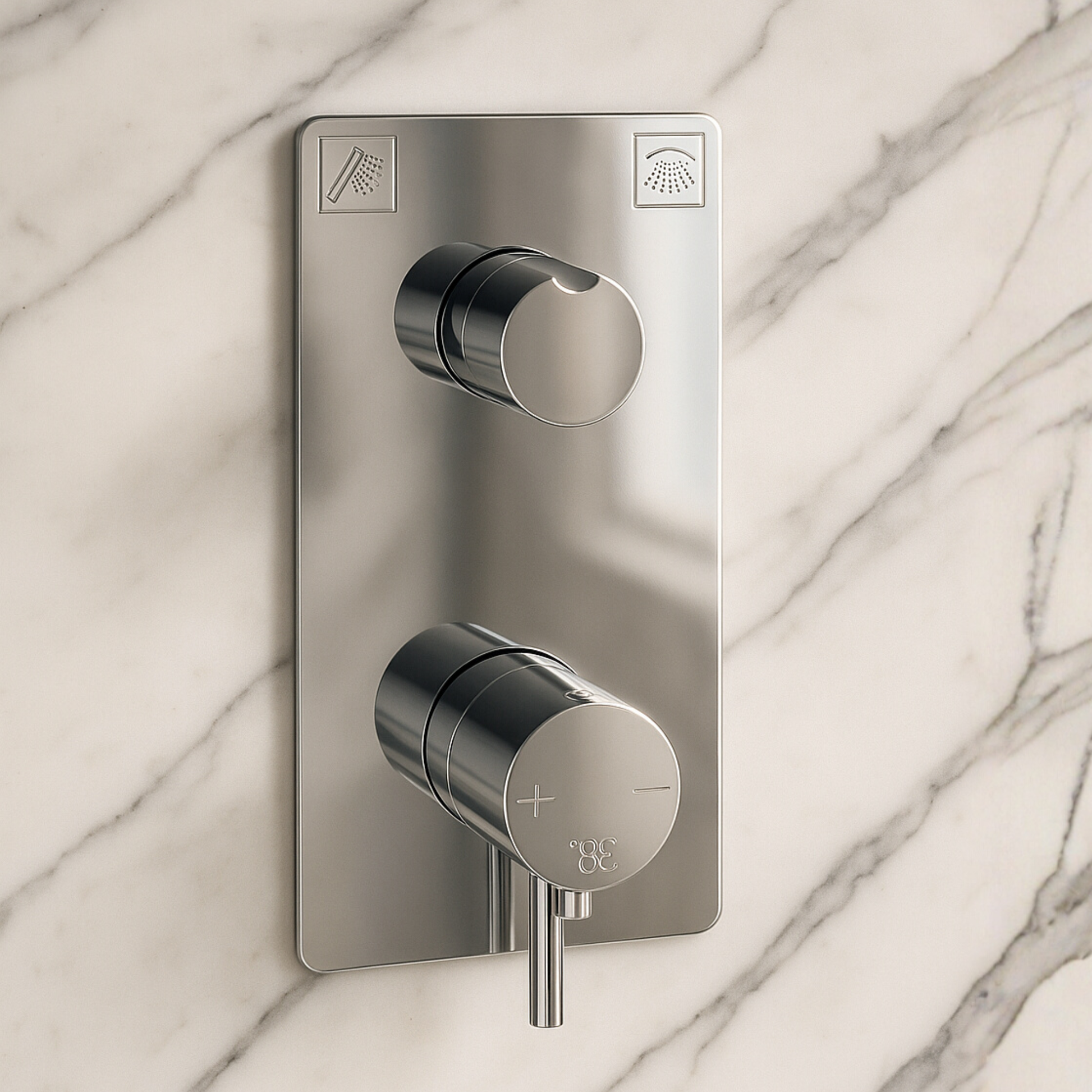 Chrome shower control panel on a marble wall