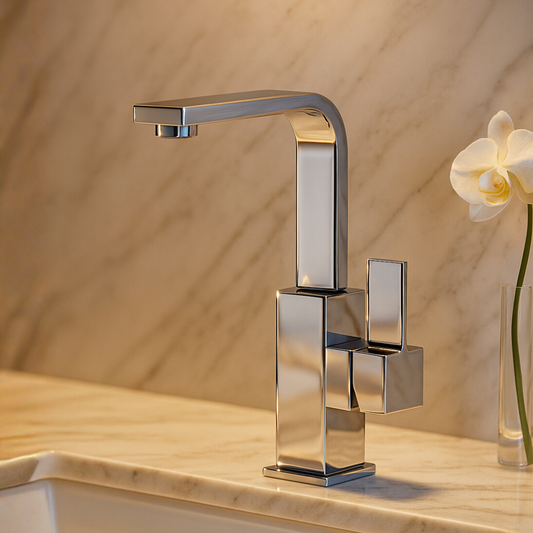 Chrome faucet on a marble countertop with a blurred background