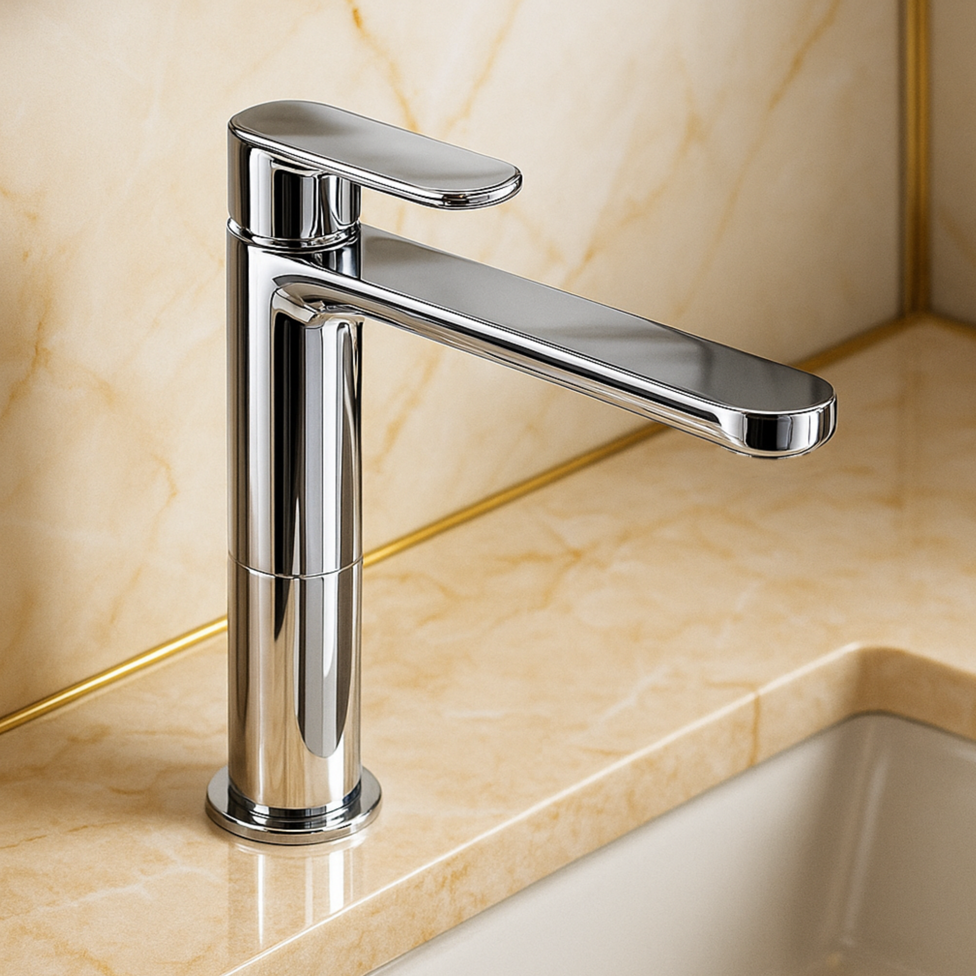 Chrome faucet on a beige tiled wall