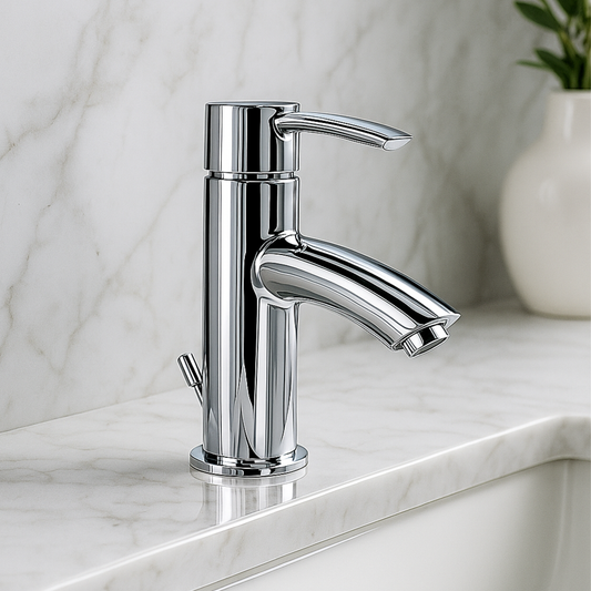 Chrome bathroom faucet on a marble countertop with a blurred background