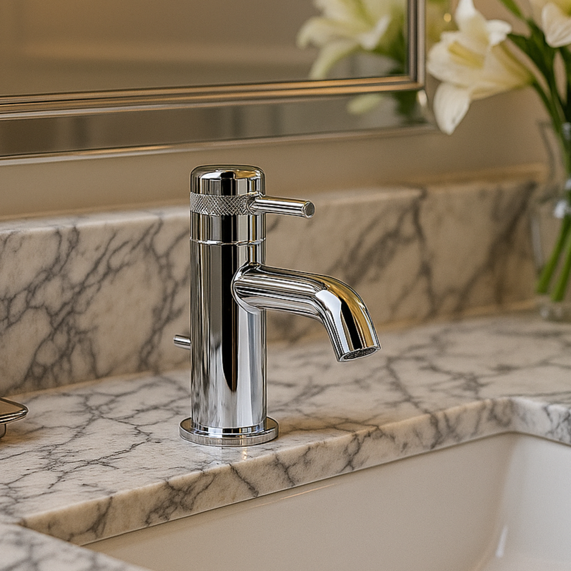 Chrome faucet on a marble countertop with a blurred background