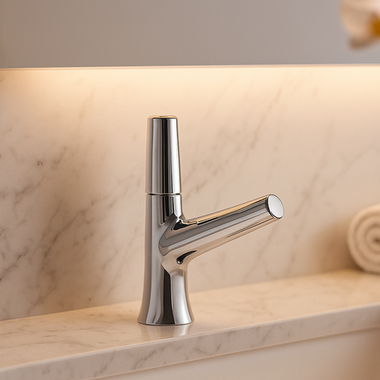 Chrome faucet on a marble countertop with a neutral background