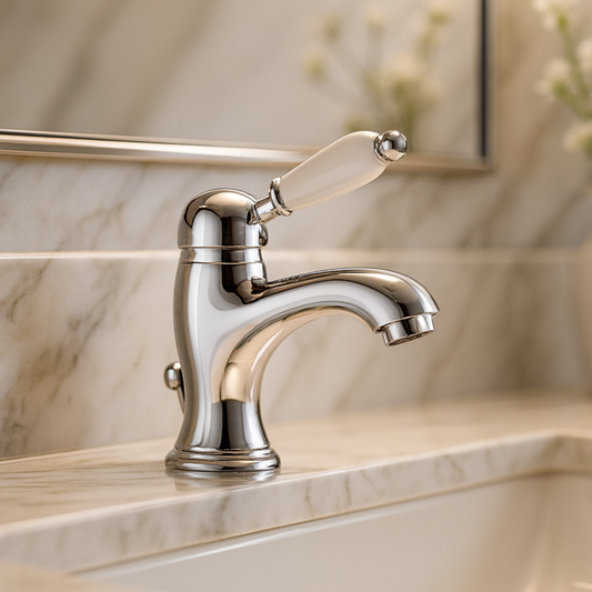 Chrome faucet on a marble countertop with a blurred background