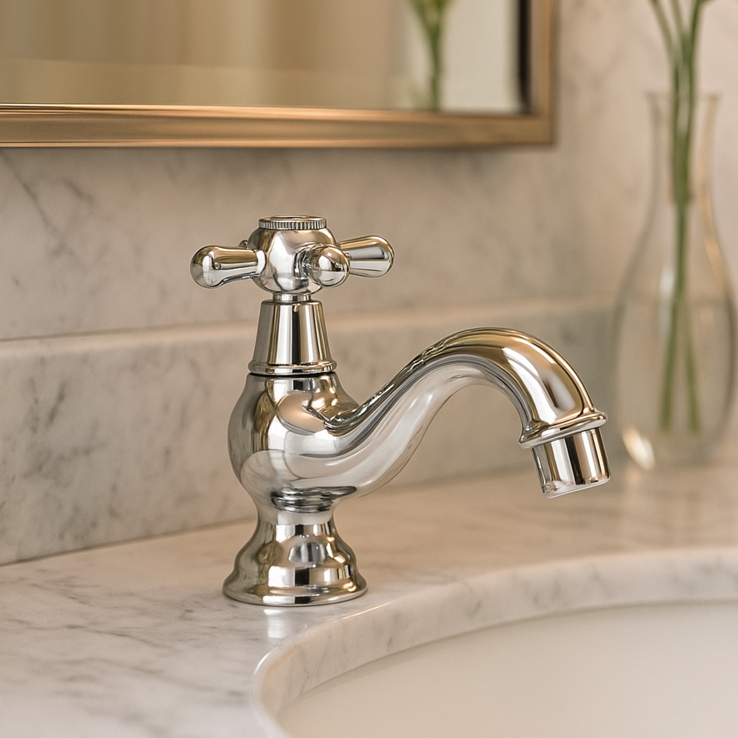 Chrome faucet on a marble sink with a blurred background