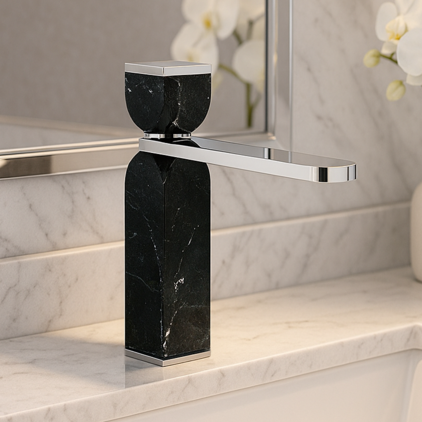 Black marble faucet with chrome finish on a marble countertop