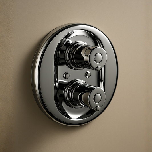 Chrome door handle on a beige background