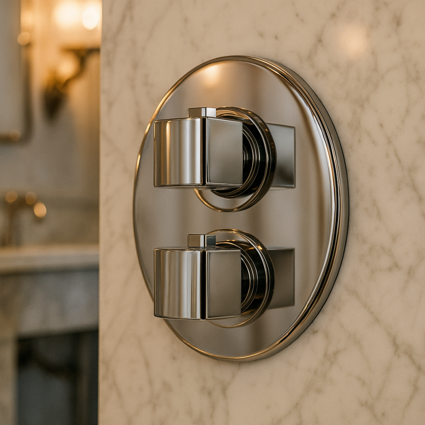 Chrome shower control panel on a marble wall