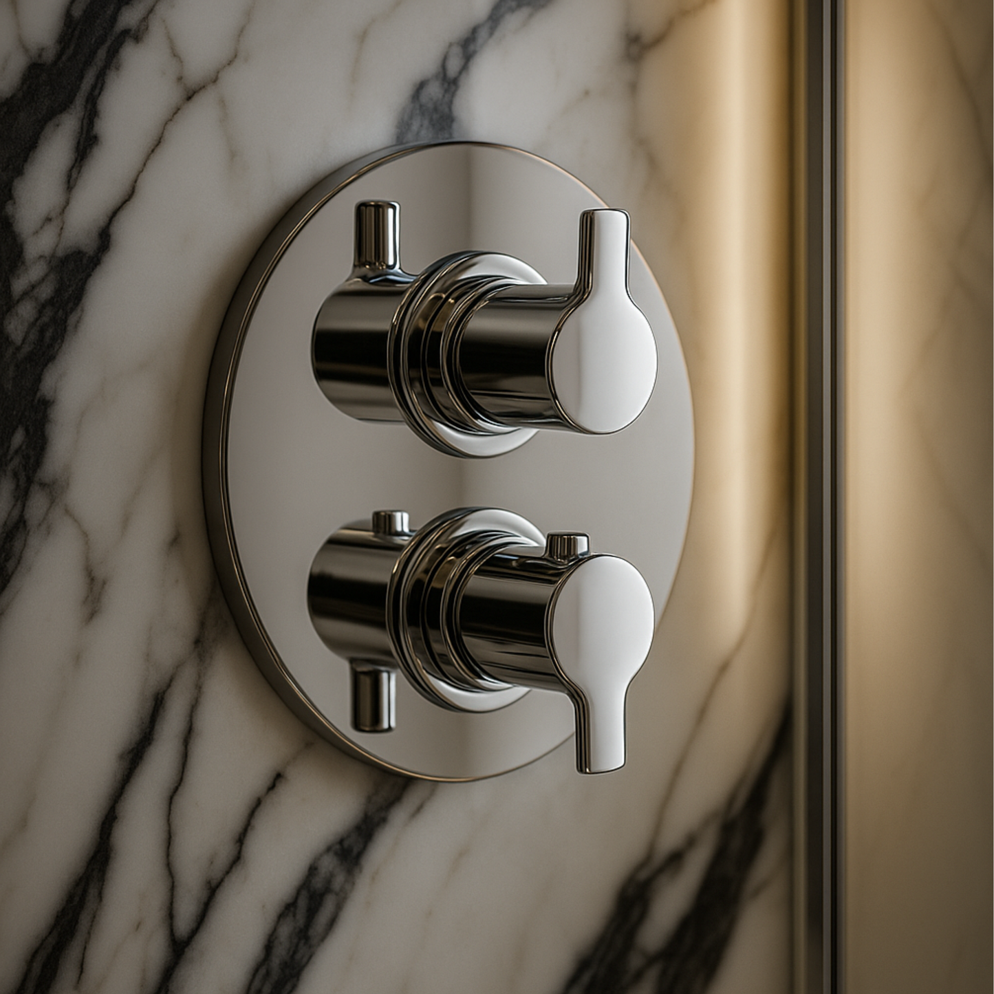 Chrome bathroom valve control on a marble wall