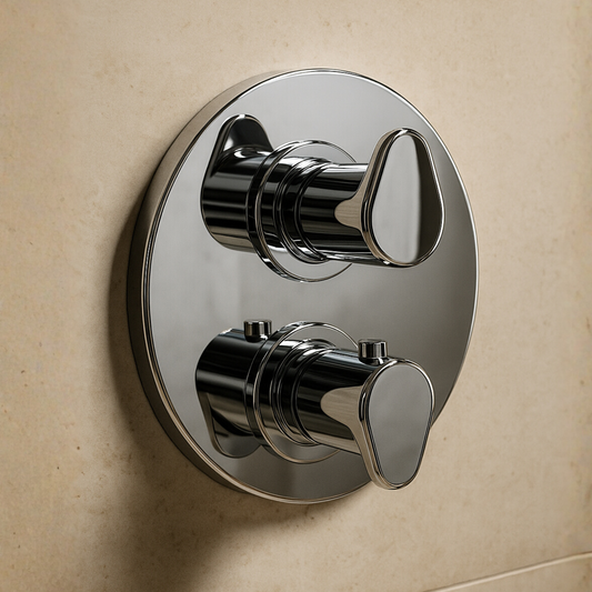 Chrome bathroom fixture on a beige wall