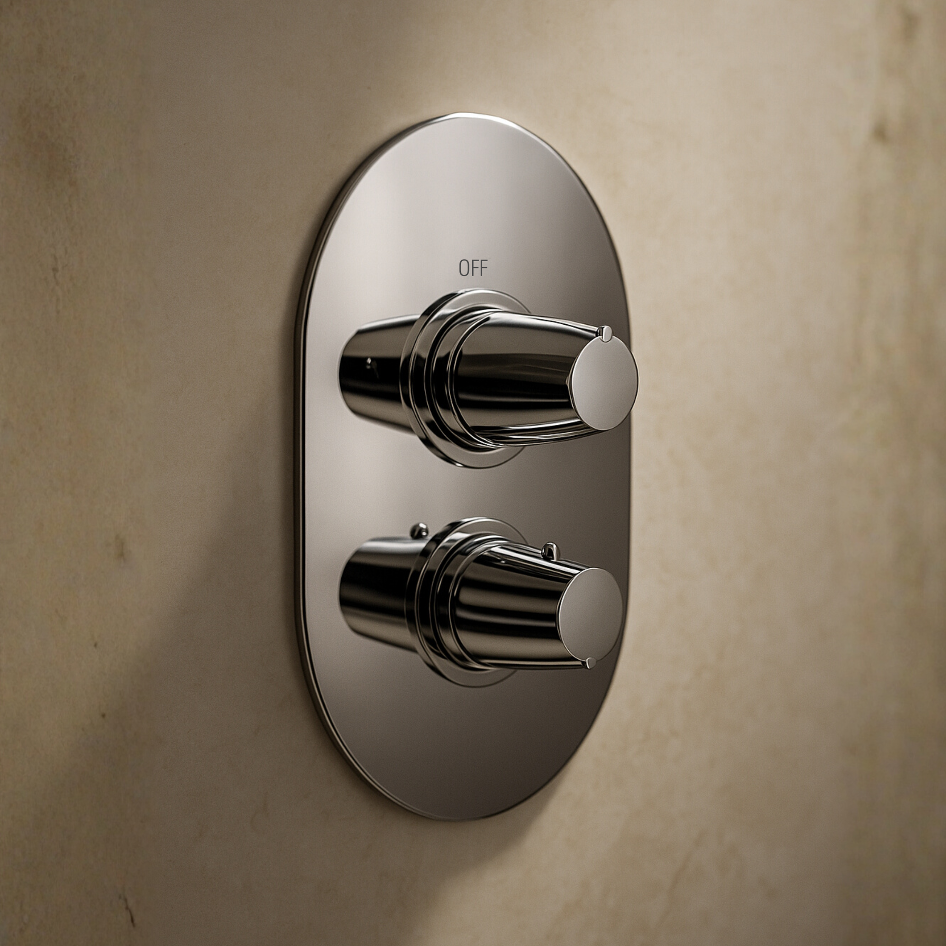 Chrome shower control panel on a beige wall