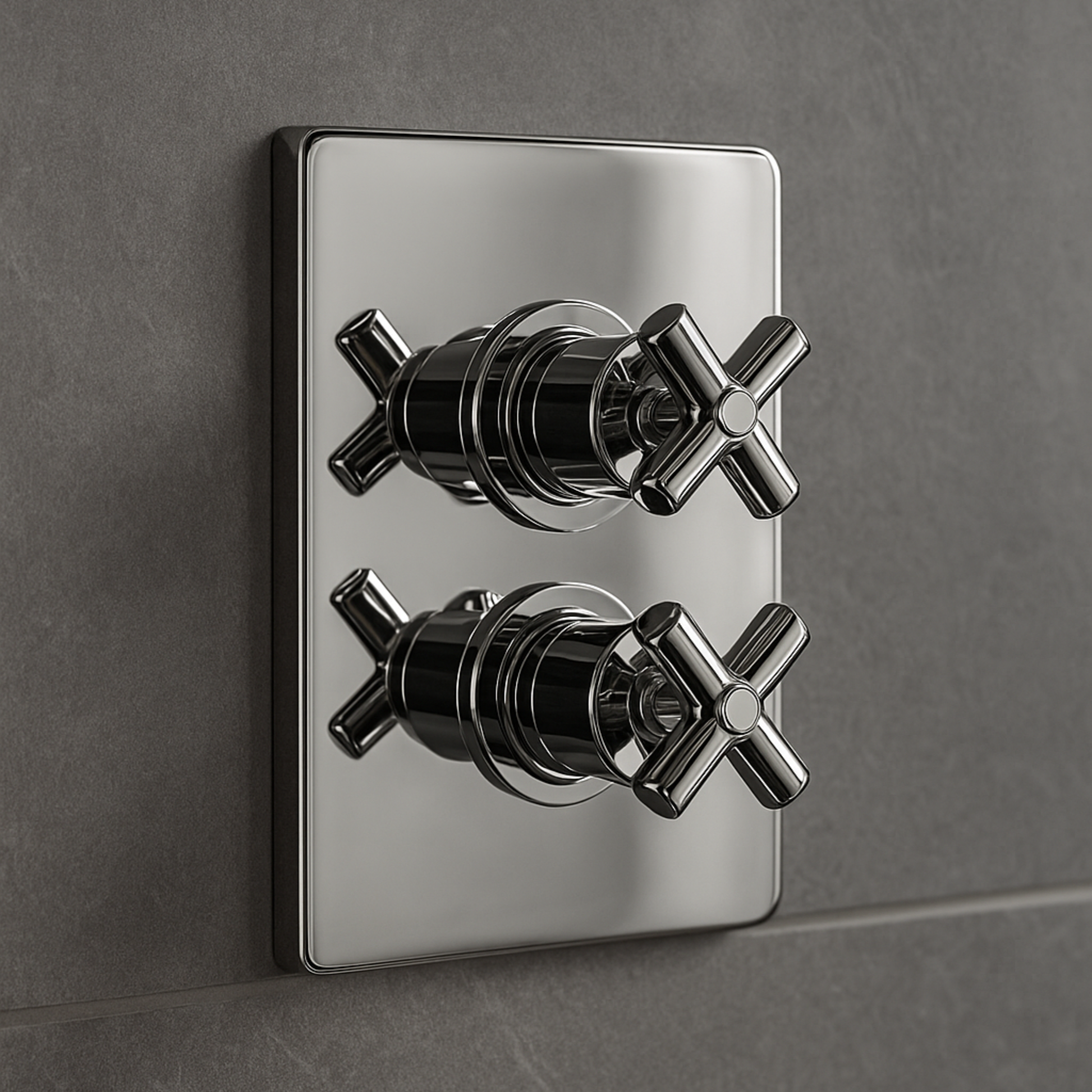 Chrome shower control panel with three cross-shaped knobs on a gray wall.