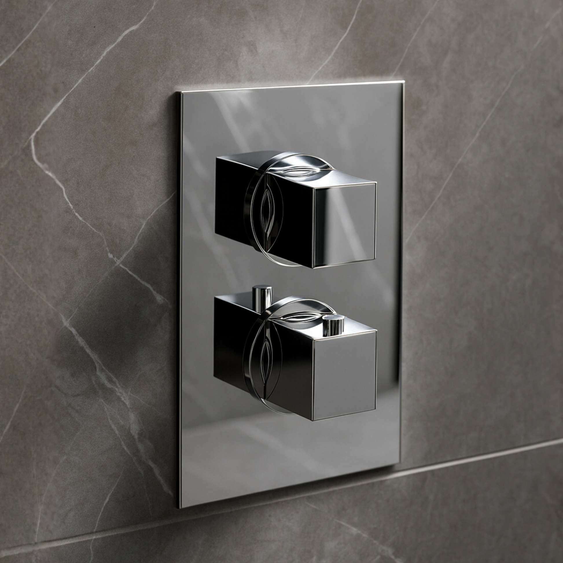 Chrome wall-mounted shower control panel on a gray tiled wall