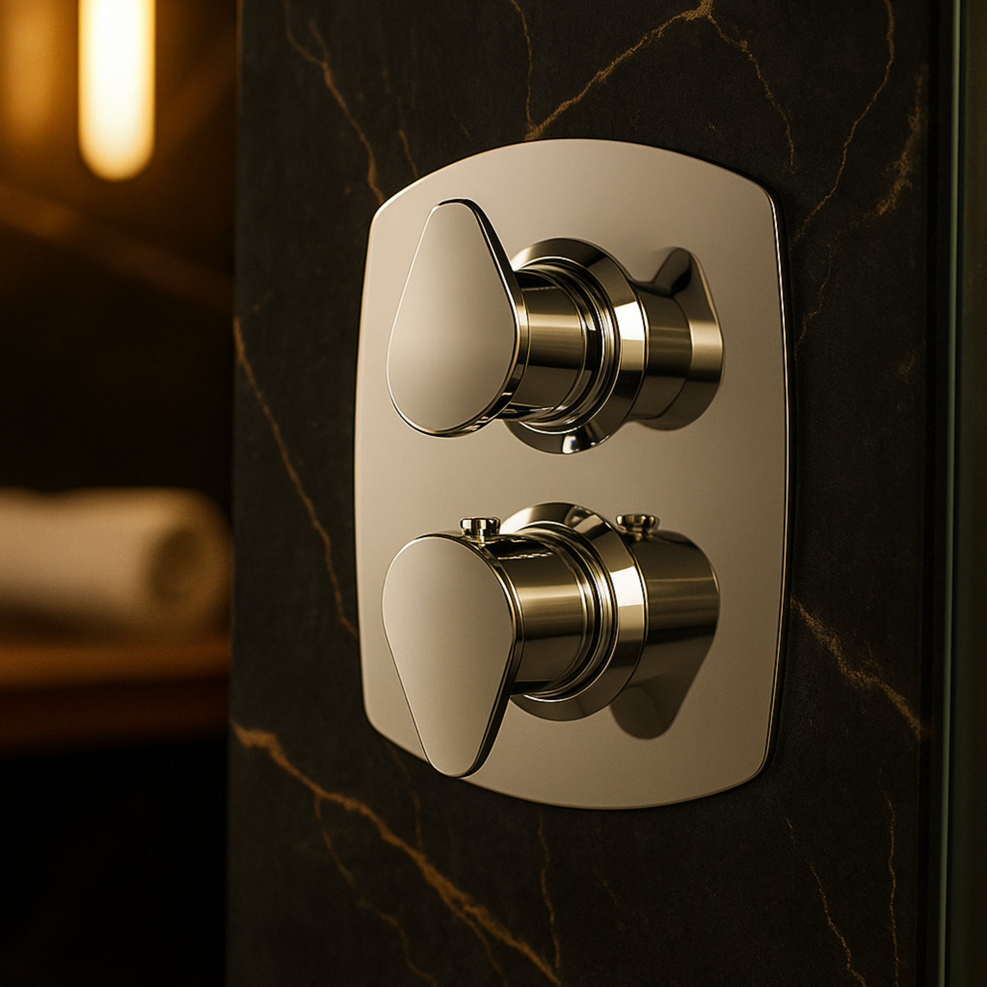 Chrome bathroom control panel on a marble wall